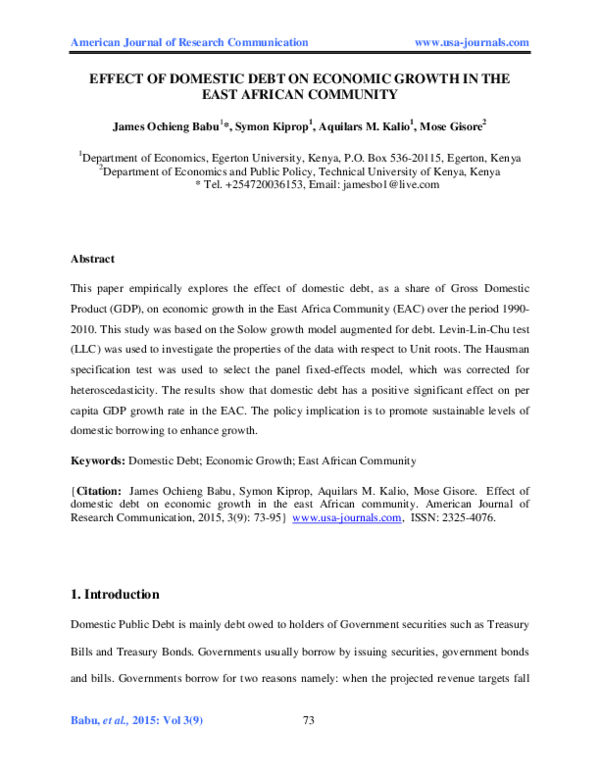 (PDF) Effect of Domestic Debt on Economic Growth in the East African ...