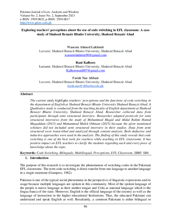 (PDF) Exploring teachers' perceptions about the use of code switching ...