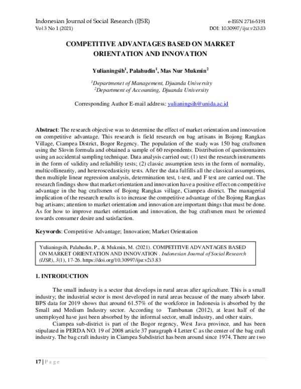 (PDF) Competitive Advantages Based on Market Orientation and Innovation