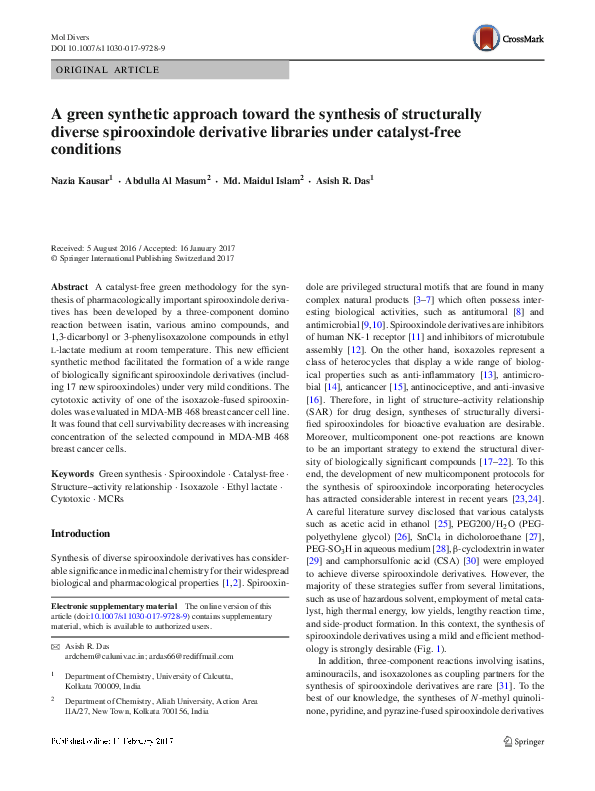 (PDF) A green synthetic approach toward the synthesis of structurally ...