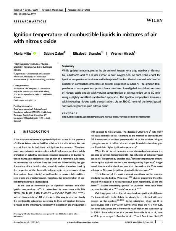 (PDF) Ignition temperature of combustible liquids in mixtures of air
