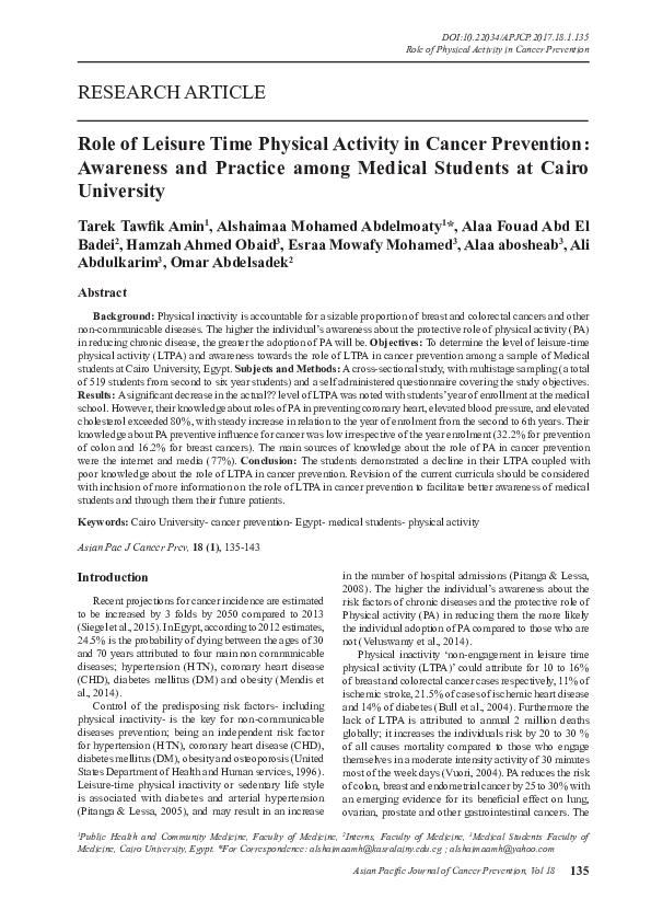(PDF) Role of Leisure Time Physical Activity in Cancer Prevention ...
