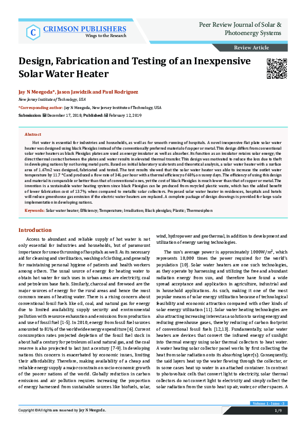 (PDF) Design, Fabrication and Testing of an Inexpensive Solar Water Heater