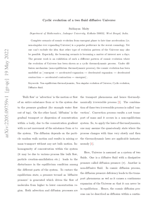 (PDF) Cyclic evolution in a two fluid diffusive Universe