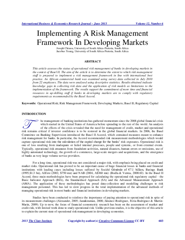 (PDF) Implementing A Risk Management Framework In Developing Markets