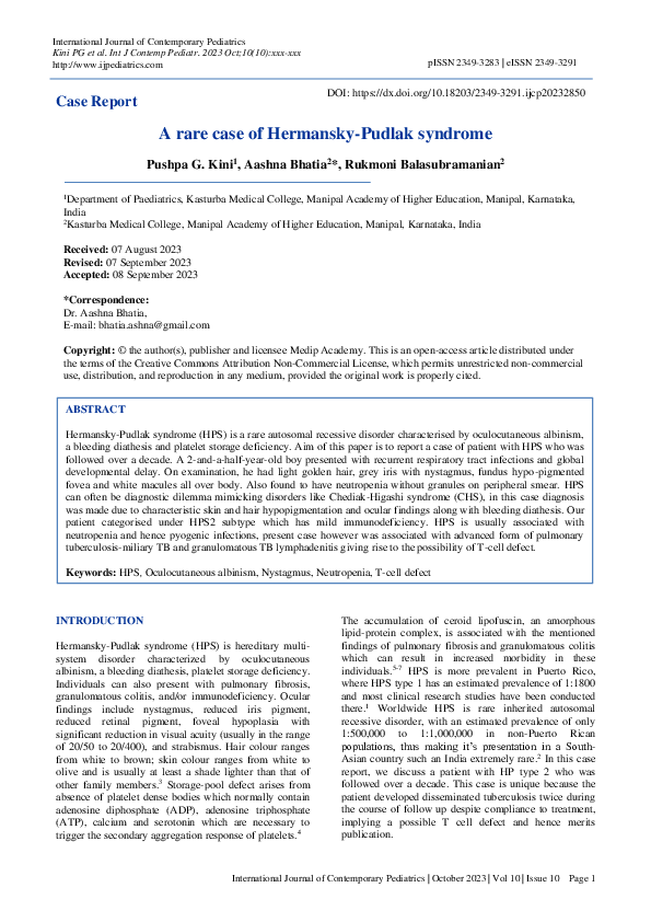 (PDF) 516 A Very Rare Case Report of Hermansky-Pudlak Syndrome Type ii ...