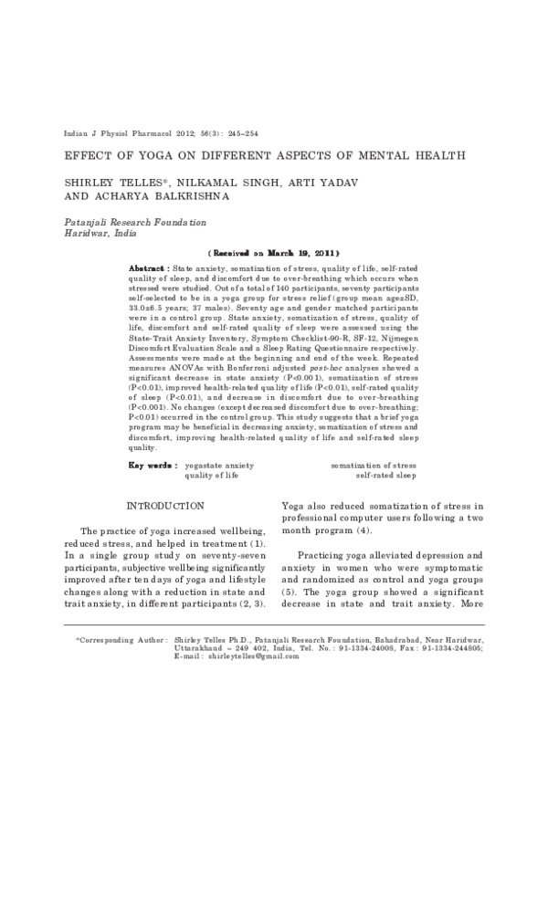 (PDF) Effect of yoga on different aspects of mental health