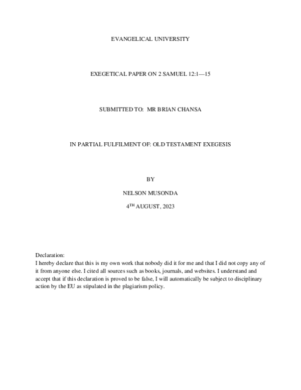 (PDF) EVANGELICAL UNIVERSITY EXEGETICAL PAPER ON 2 SAMUEL 12:1-15 ...