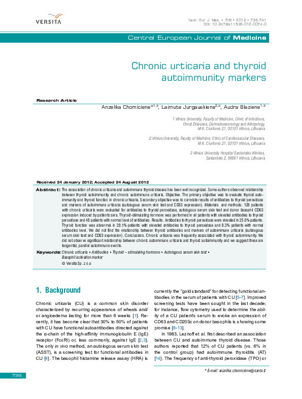 (PDF) Chronic urticaria and thyroid autoimmunity markers