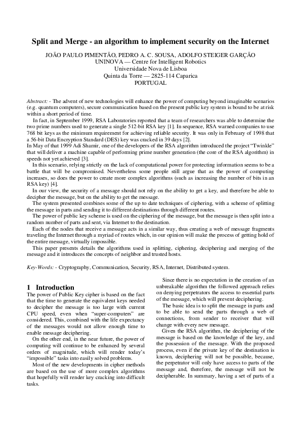 (PDF) Split and Merge-an algorithm to implement security on the Internet