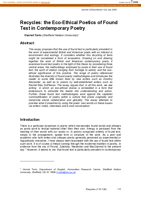 (PDF) Recycles: the Eco-Ethical Poetics of Found Text In Contemporary ...
