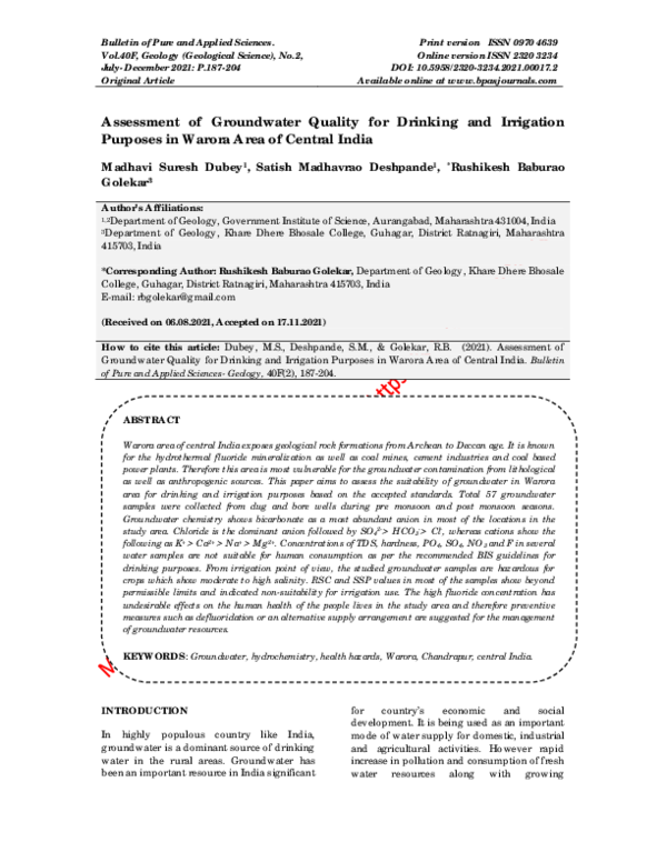 (PDF) Assessment of Groundwater Quality for Drinking and Irrigation ...