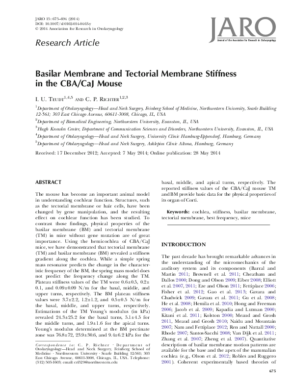 (PDF) Basilar membrane and tectorial membrane stiffness in the CBA/CaJ ...