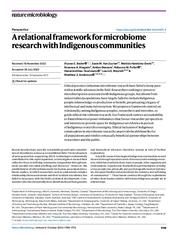 (PDF) A relational framework for microbiome research with Indigenous ...