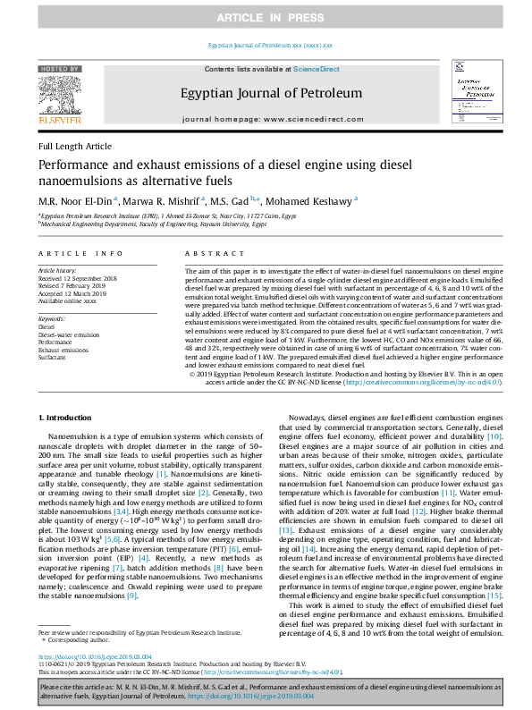 (PDF) Performance and exhaust emissions of diesel engine fueled with ...