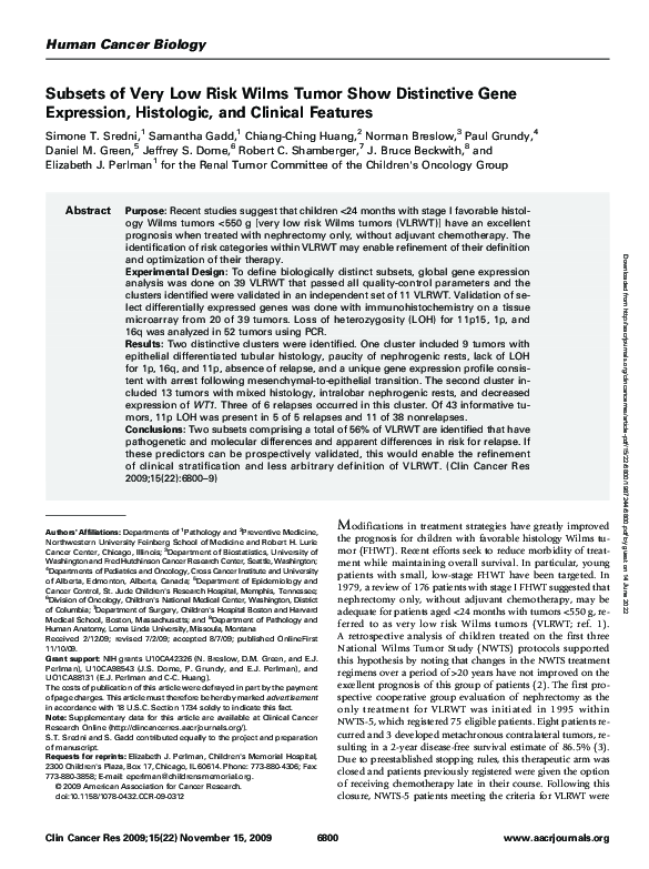 (PDF) Subsets of Very Low Risk Wilms Tumor Show Distinctive Gene ...