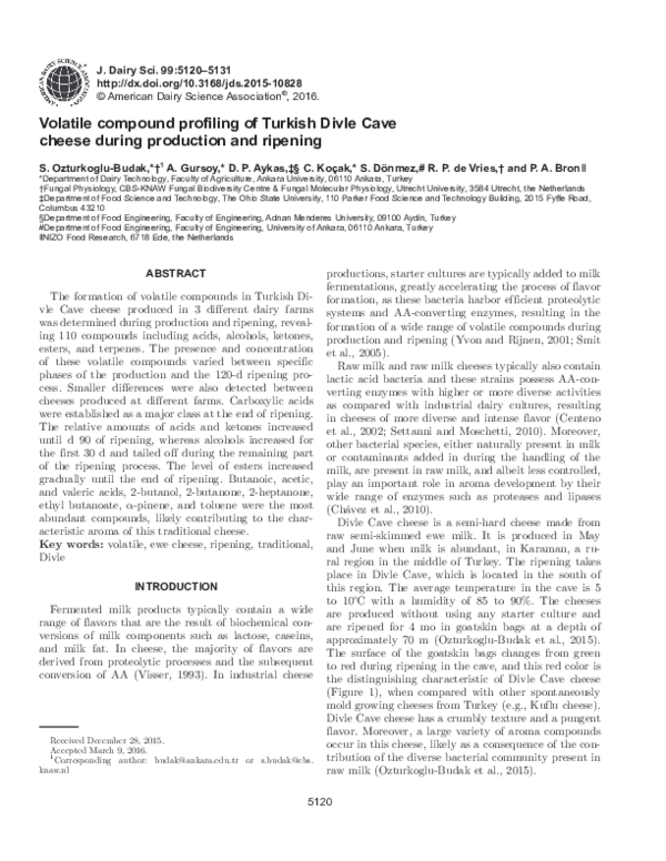 (PDF) Volatile compound profiling of Turkish Divle Cave cheese during ...