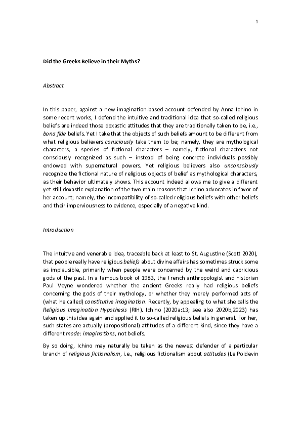 (DOC) Did the Greeks Believe in their Myths