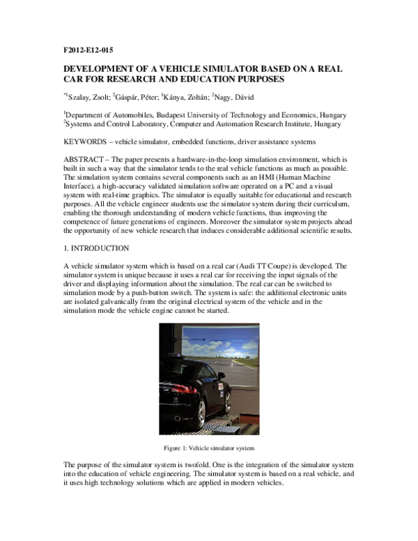 (PDF) Development of a Vehicle Simulator Based on a Real Car for ...