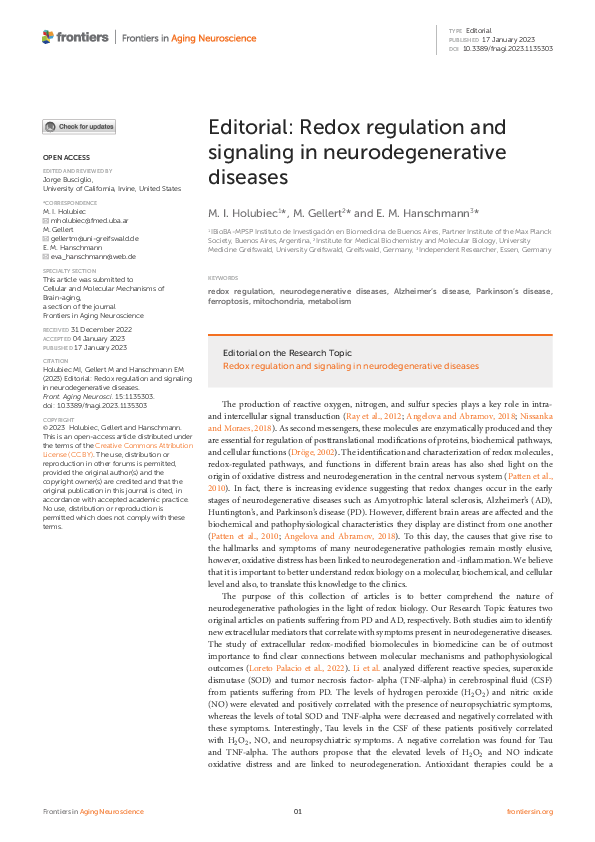 (PDF) Editorial: Redox regulation and signaling in neurodegenerative ...