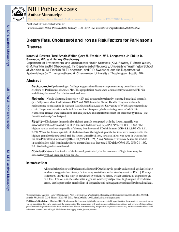 (PDF) Dietary fats, cholesterol and iron as risk factors for Parkinson ...