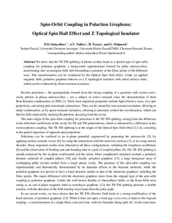 (PDF) Spin-Orbit Coupling in Polariton Graphene : Optical Spin Hall ...