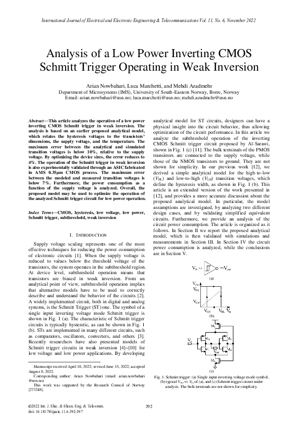 (PDF) Analysis of a Low Power Inverting CMOS Schmitt Trigger Operating ...