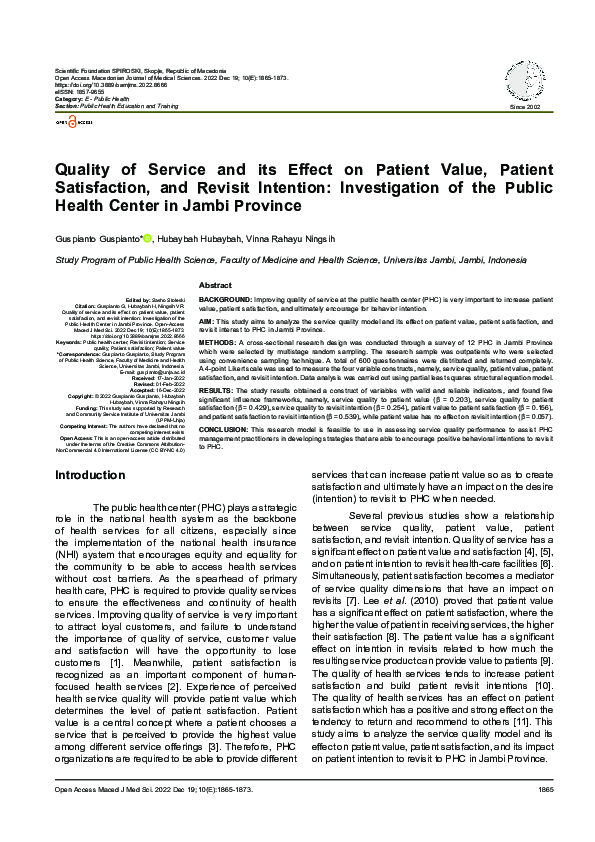 (PDF) Quality of Service and its Effect on Patient Value, Patient ...