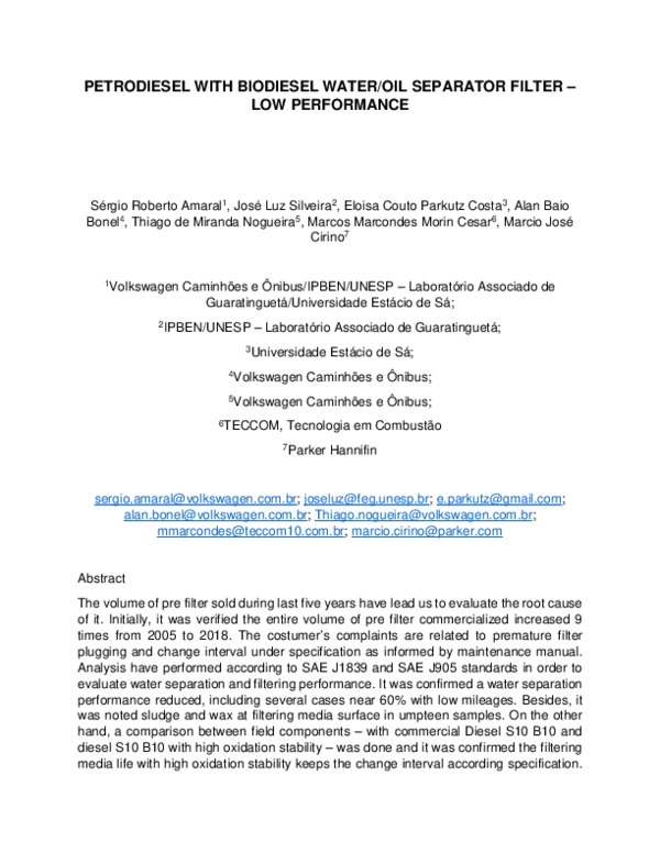 (PDF) Petrodiesel with Biodiesel Water/Oil Separator Filter - Low ...
