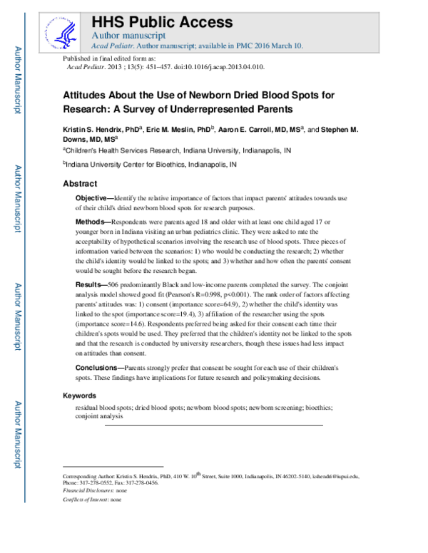 (PDF) Attitudes About the Use of Newborn Dried Blood Spots for Research ...
