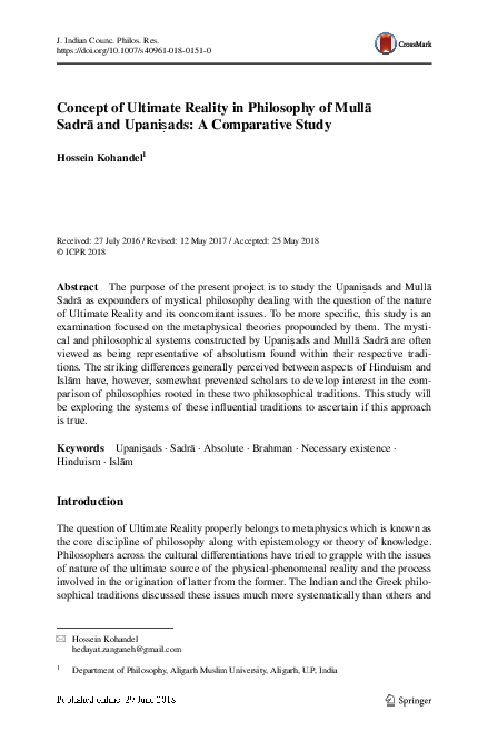 (PDF) Concept of Ultimate Reality in Philosophy of Mullā Sadrā and Upaniṣads: A Comparative Study