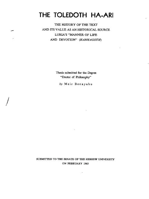 (PDF) Meir Benayahu, *The Toledoth Ha-Ari: The History of the Text and ...