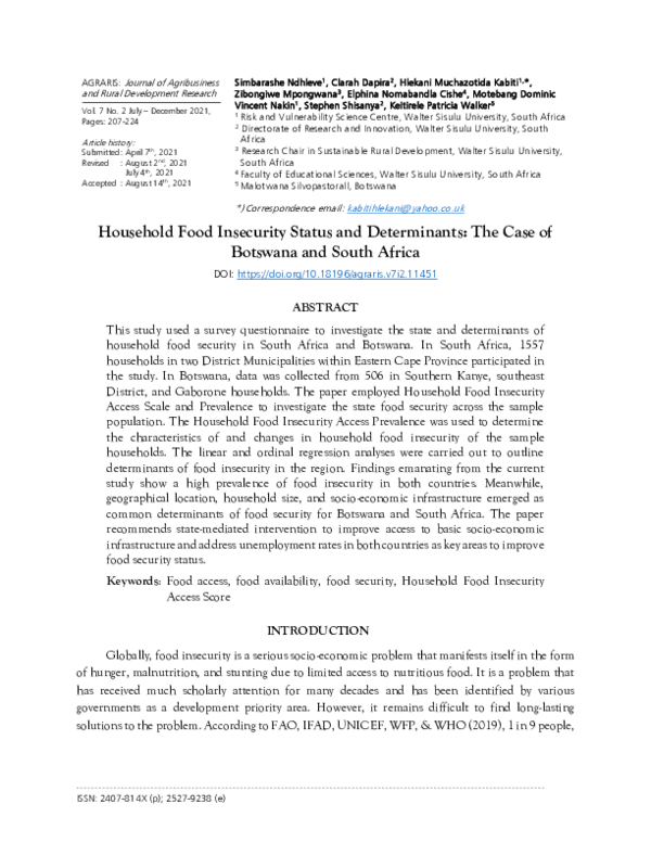 (PDF) Household Food Insecurity Status and Determinants: The Case of ...