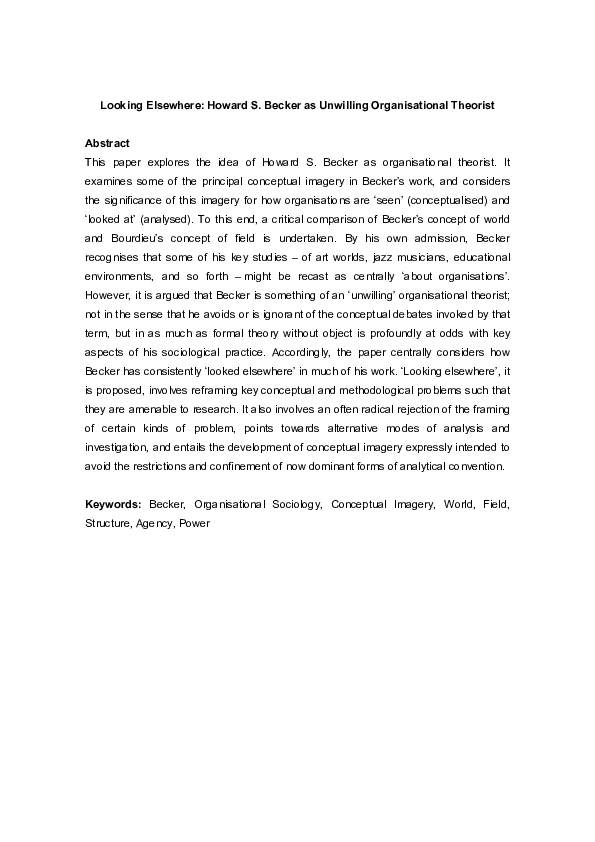(PDF) Looking elsewhere: Howard S. Becker as unwilling organisational ...