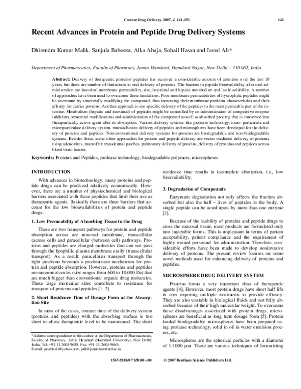 (PDF) Recent Advances in Protein and Peptide Drug Delivery Systems