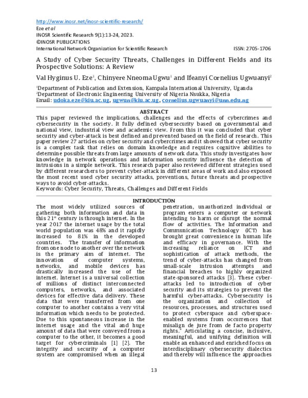 (PDF) A Study of Cyber Security Threats, Challenges in Different Fields ...
