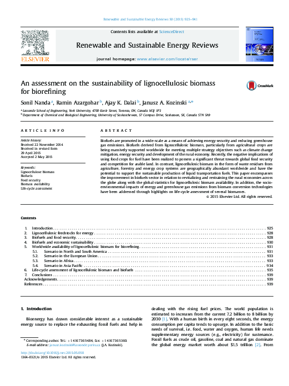 (PDF) An assessment on the sustainability of lignocellulosic biomass ...