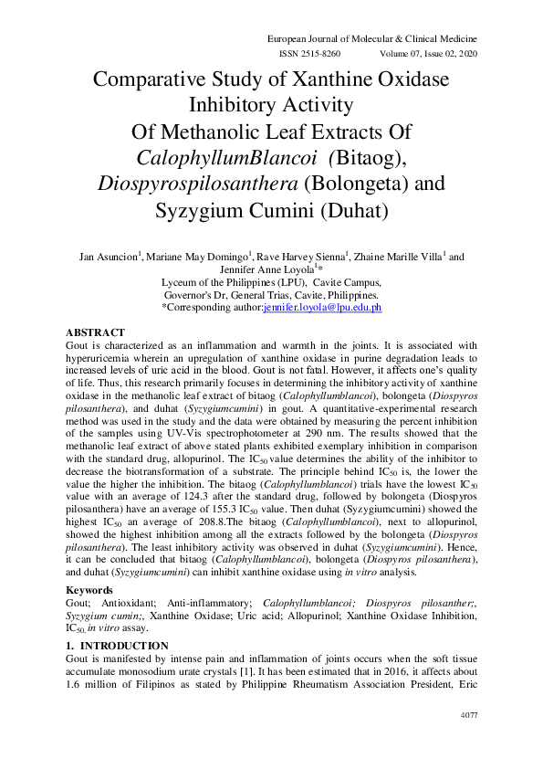 (PDF) Comparative Study of Xanthine Oxidase Inhibitory Activity Of