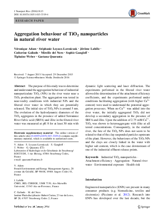 (PDF) Aggregation behaviour of TiO2 nanoparticles in natural river water