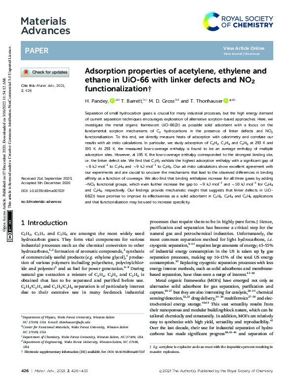 (PDF) Adsorption properties of acetylene, ethylene and ethane in UiO-66 ...