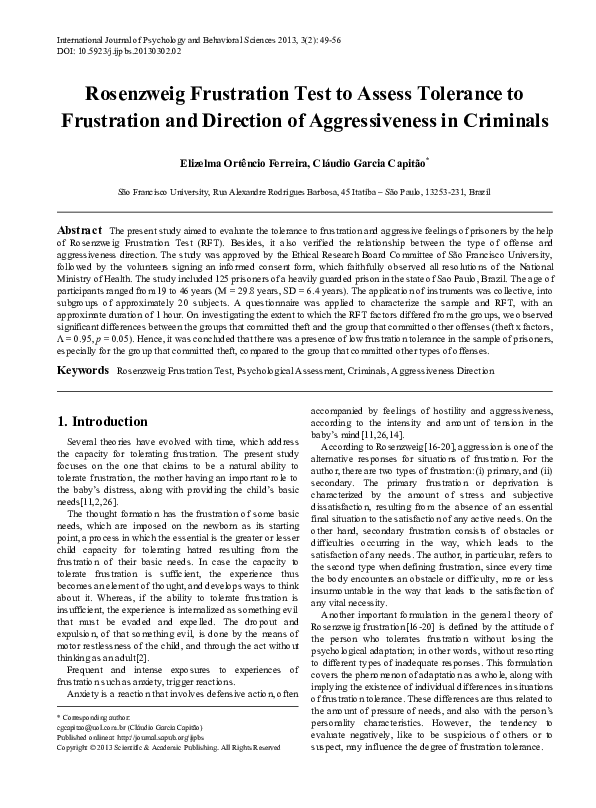 (PDF) Rosenzweig Frustration Test to Assess Tolerance to Frustration ...