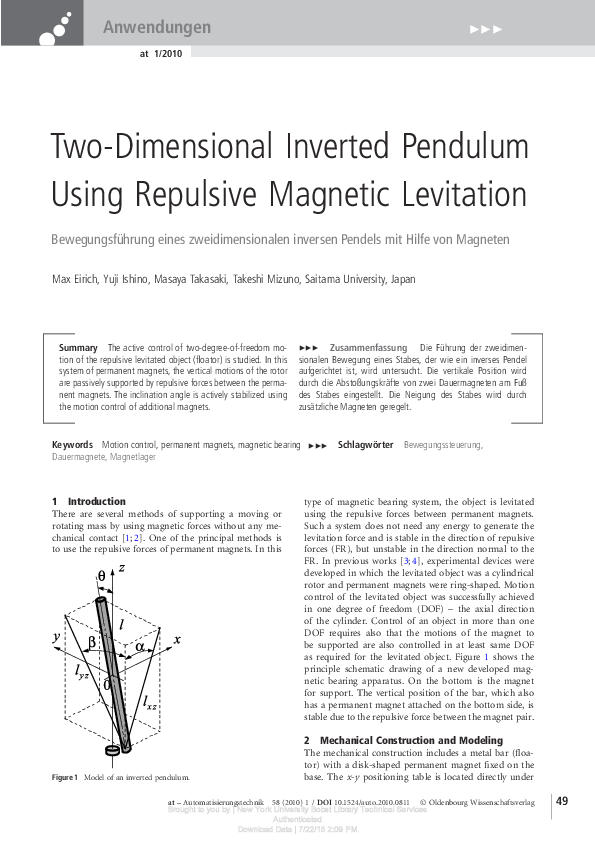 (PDF) Two-Dimensional Inverted Pendulum Using Repulsive Magnetic ...