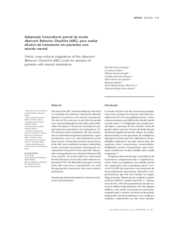 (PDF) Adaptação transcultural parcial da escala Aberrant Behavior ...