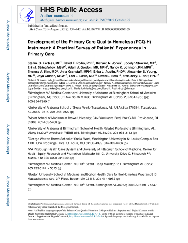 (PDF) Development of the Primary Care Quality-Homeless (PCQ-H) Instrument