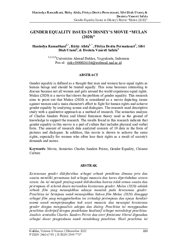 (PDF) Gender Equality Issues in Disney’s Movie “Mulan (2020)”