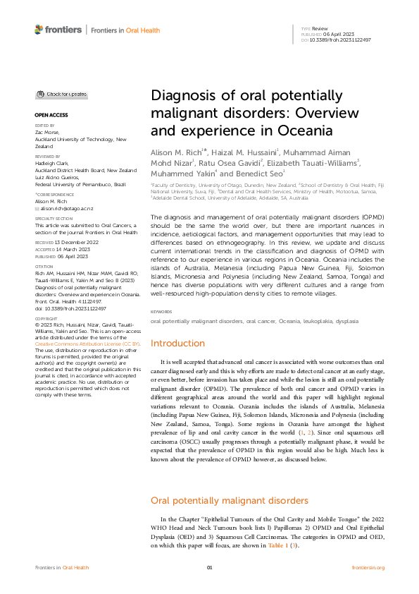 (PDF) Diagnosis of oral potentially malignant disorders: Overview and ...