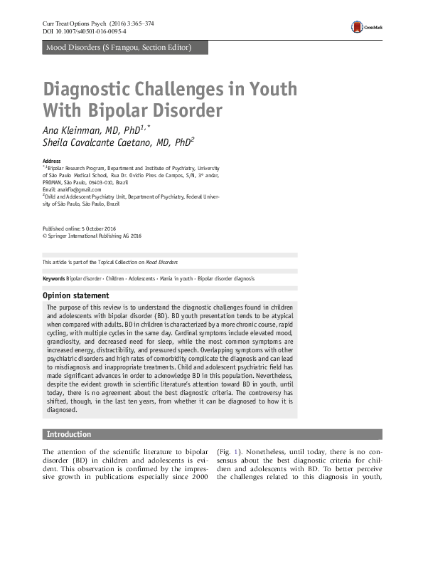 (PDF) Diagnostic Challenges in Youth With Bipolar Disorder