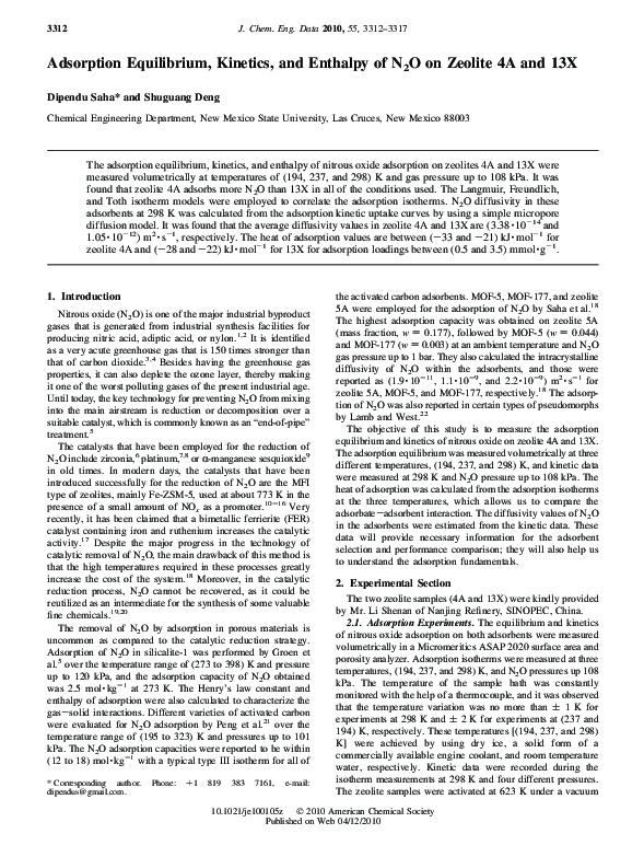 (PDF) Adsorption Equilibrium, Kinetics, and Enthalpy of N2O on Zeolite ...
