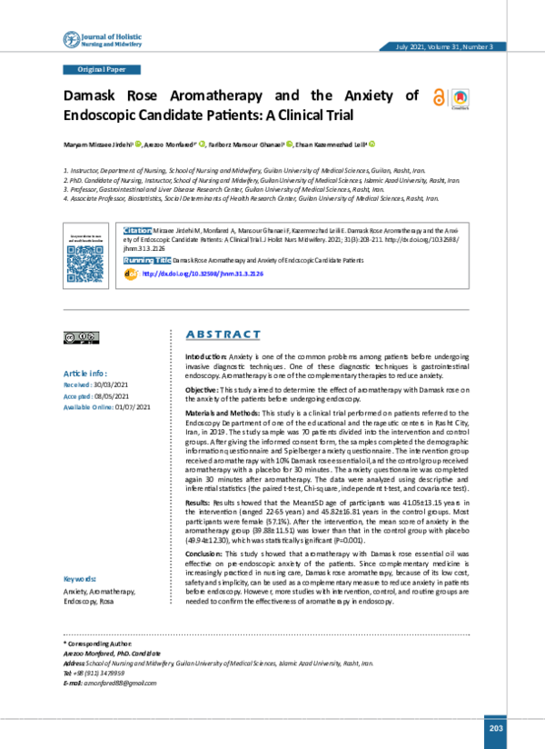 (PDF) Damask Rose Aromatherapy and the Anxiety of Endoscopic Candidate ...