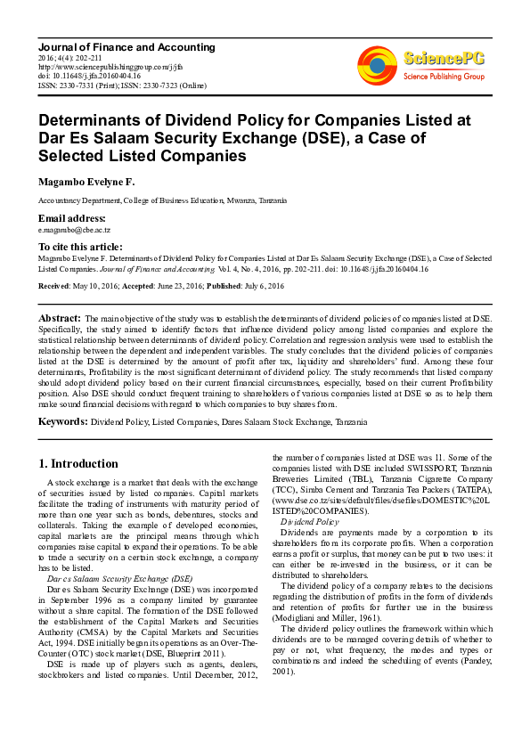 (PDF) Determinants of Dividend Policy for Companies Listed at Dar Es ...
